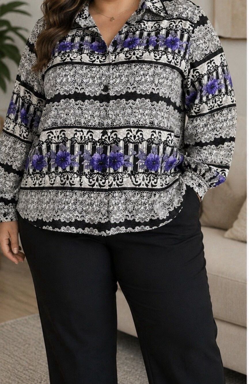 Tan Jay Womens 18 Blouse Purple Floral Black White Baroque Button Up Shirt